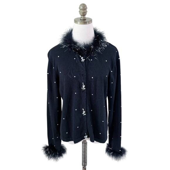 Vintage Sweaters - Vintage Y2K Black Cardigan w Feathers Women's Sz XL Button Up Rhinestone Accents